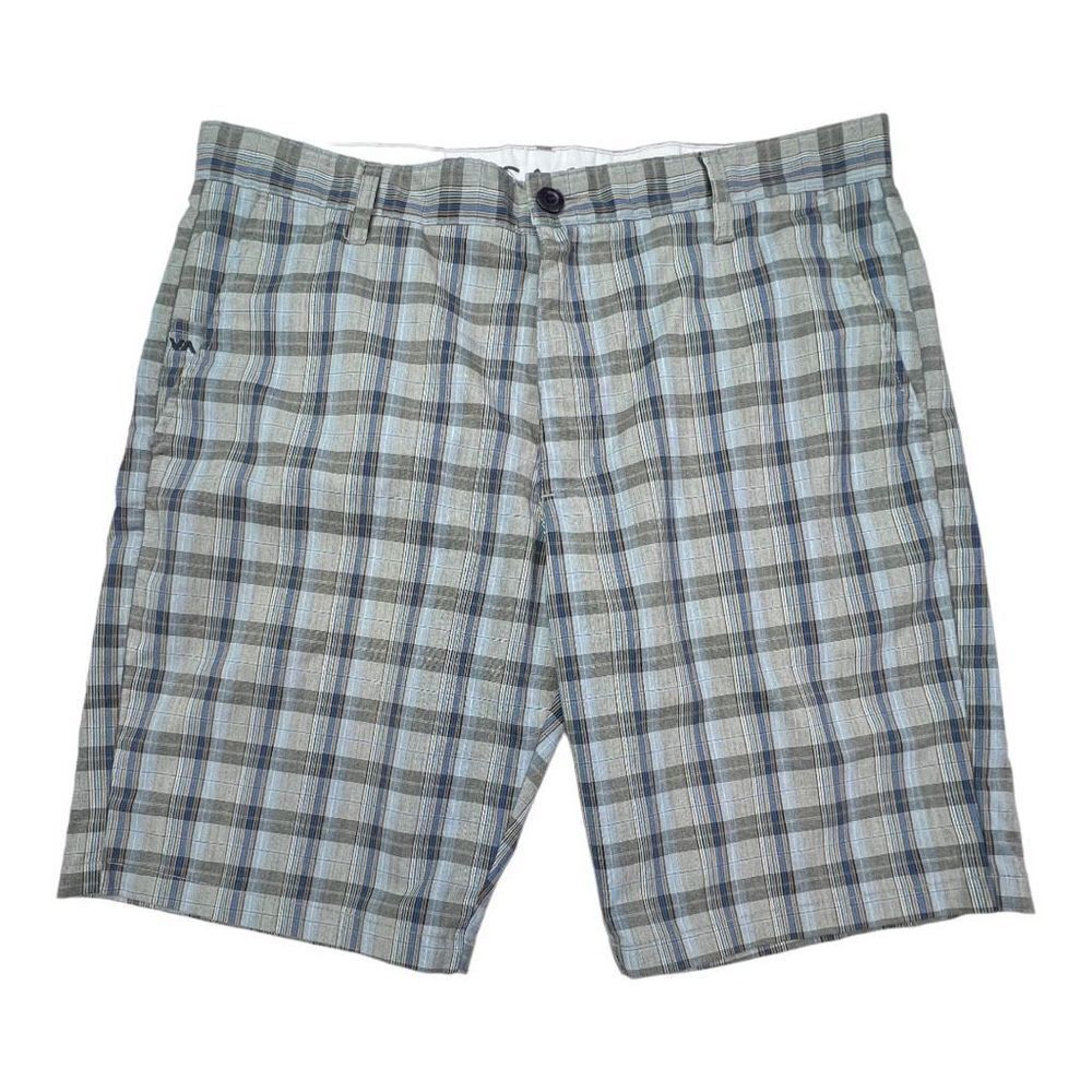 RVCA Shorts Men's 36 Blue Gray Plaid Casual Slim High Rise Stretch Flat Front